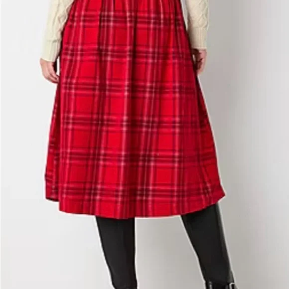 St. John's Bay NWT Womens Long Flared Skirt Red Plaid Cotton Women's - Picture 2 of 11